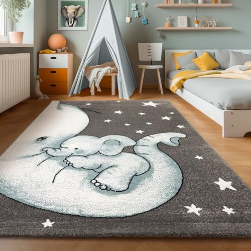 SIMPEX Teppich Kinderzimmer Elefant Design Kurzflor Kinderteppich mädchen Spielteppich Modern Design Babyzimmer Teppiche für Junge und Mädchen Extra Weich und Antiallergen Blau und Grau 140 x 200 cm