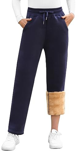 UMIPUBO Gefütterte Jogginghose Damen Warm Fleece Freizeithose Winter Thermo Fleecehose High Waist Sweathose mit 2 Taschen, Damenhose mit Gummizug(Marine,M)