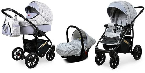 BabyLux® Bambimo Kinderwagen Set 3 in 1 - Miracle - incl. Babywanne, Buggy Sportsitz, Auto-Babyschale - Autositz - Kinderwagenset - Kombikinderwagen mit Wickeltasche, Regenschutz usw.