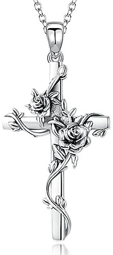 JFASHOP Vintage Cross Halskette für Männer Frauen Rose Blumen Halsketten S925 Sterling Silber Religiöser Kreuz Anhänger Gothic Punk Jewelry