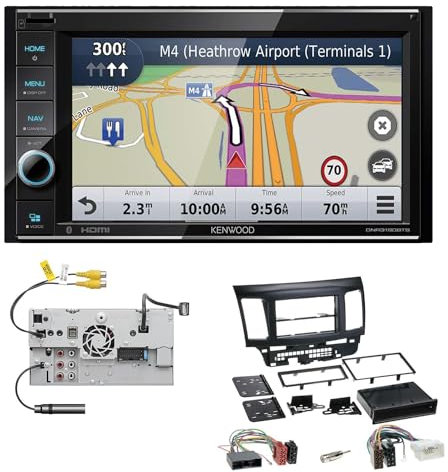 Kenwood DNR3190BTS 2-DIN Autoradio Navigationssystem kompatibel mit Apple CarPlay Bluetooth HDMI passend für Mitsubishi Lancer VIII und Sportsback ab 2007 schwarz mit OEM Radio