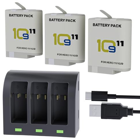 F1TP 3-Pack 2000mAh Hero 12/11/10/9 Battery and 3-Channel LED USB Storage Charger Compatible with Go pro Hero 12 11 10 9 Black