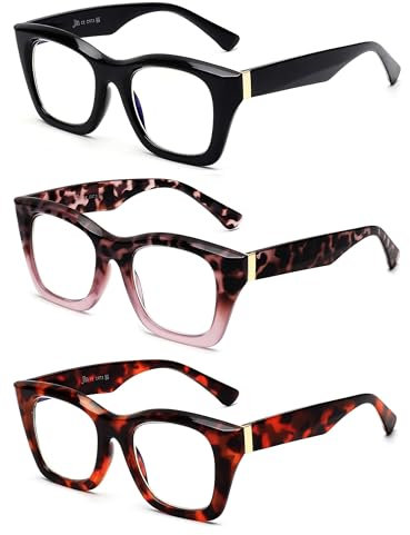 JM 3 Pack Übergroße quadratische Lesebrille für Damen, modische, blaues Licht blockierende Computerlesebrille im Oprah-Stil+1.5