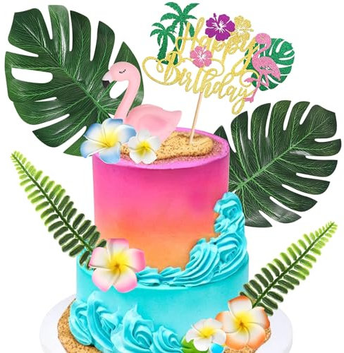 Xsstarmi 11 Pack Flamingo Cake Toppers - Happy Birthday Summer Cake Decorations With Pink Flamingo Hibiscus Flower Palm Leaves for Tropical Hawaiian Luau Baby Shower Birthday Party Decorations
