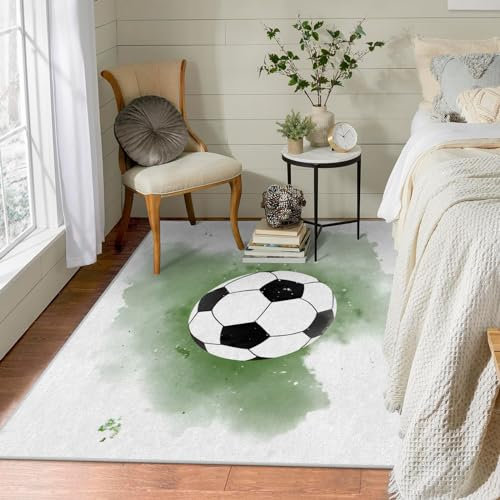 Waschbar in Waschmaschine Wohnzimmer Teppich FußBall 70x140 Kurzflor Teppich Schlafzimmer, FußBall Teppich Gegend Dünn Bettvorleger Saugfähig für Jugendzimmer Jungen Mädchen