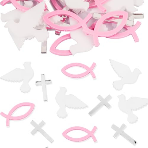 BOOMTOP 30pcs Streudeko Taufe Konfetti Acryl Fische Kreuz Taube Tischdeko Klein Kommunion Rosa Silber Weiß Spiegeleffekt Kreuze Deko für Jungen Mädchen Konfirmation Firmung Erstkommunion Babyparty