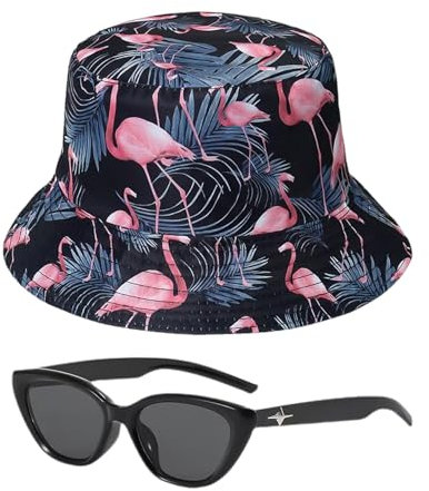 ZBHDEYG 1 Stück Flamingo Fischerhut, 1 Stück Sonnenbrille, Damen Sonnenhut, Mädchen Sommerhut, Damen Sonnenschutz Sonnenhut