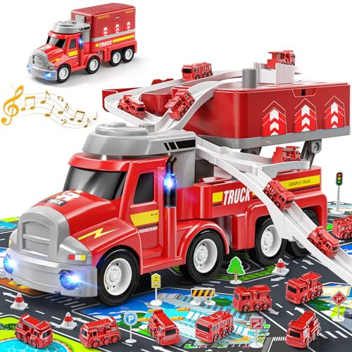 TEMI 3 4 5 6 Jahre alte Jungen Feuerwehrwagen Kinderspielzeug, Jungen Auto Abenteuer Spielzeug, Fahrzeugspielzeug mit 8-Miniautos, Mobile Card Station Spielzeug Spur