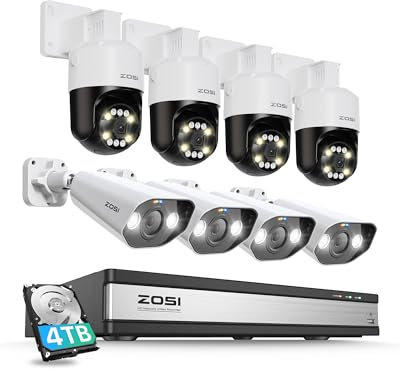 ZOSI 5MP Überwachungskamera Aussen Set, 4X 360° Schwenkbar PoE IP Kamera und 4X Outdoor Bullet-Kameras, 16CH 4TB HDD NVR, Personen-/Fahrzeugerkennung