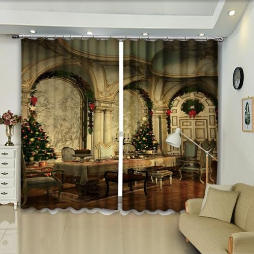 Mtddyyds Blickdicht Gardinen Retro Haus Weihnachtsbaum Muster 150X166 Vorhang Blickdicht Ösenschal Verdunkelungsvorhang 3D Gardinen Schlafzimmer Wohnzimmer Thermovorhang Vorhänge 2Er Set