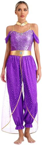 Mufeng Costume da Principessa del Deserto Donna Costume Vestito Danza del Ventre Paillettes Salopette a Gamba Larga Costume Danzatrice Orientale Viola S