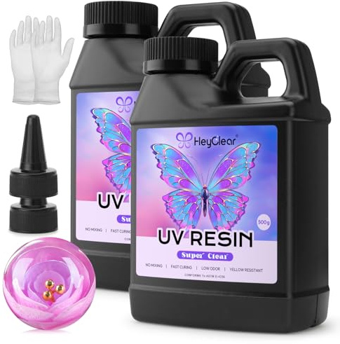HeyClear 1000g UV Resin Set - UV Harz Klar, Hart, Niedrig Geruch, Vorvermischt und Schnell Härtend - Für Schmuckherstellung, DIY Handwerksdekoration, Beschichtung