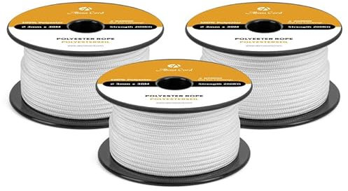 Abma Cord Polyesterseil 3mm x 30m Seil Geflochtene Schnur Reißfest für Outdoor, Boot, Festmacher, Zelt, Garten - Weiß