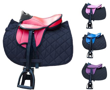 Brama West Kinder Shetty Sattel Set „My Little Pony“ | Sattel für Shetty Pony Holzpferd | mit Satteldecke, Sattelgurt, Steigbügel & Steigbügelriemen | Sattel Rot/Decke Schwarz