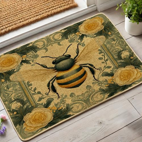 Zerbino con api floreali, tappetino di benvenuto giallo con api miele, per interni ed esterni, stile vintage, in gomma, impermeabile, antiscivolo, assorbe la polvere, facile da pulire, 73 x 43 cm