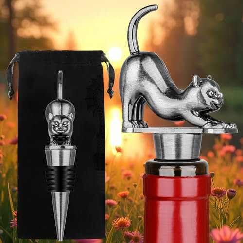 LKKCHER Cat Wine Bottle Stopper, Cat Decorative Gifts for Cat Lovers Women Men, Birthday Fathers Day Christmas Gifts for Women Men, Silver Cat Wine Saver with Bag