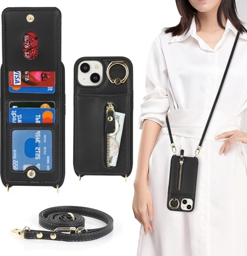 CAVOR Handykette Handyhülle kompatibel mit iPhone 15 Hülle Mit Band,Flip Leder Geldborse Handytasche,[4 Kartenfach][Ring Stander][Schnalle],Handyhülle zum Umhängeband - Schwarz