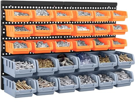 EVERGOODS 30Pcs Wall Mounted Storage Bins Backboard DIY Stackable Workshop Storage for Tools Hardwares Crafts 64 x 41cm Plastic Bin Panel Rack with Screws for Tool Shed Garage Workshop (Orange+Gray)
