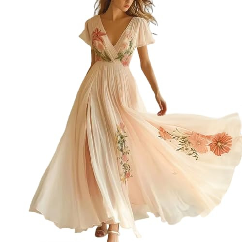 Minetom Donna Vestiti Lunghi da Matrimonio Elegante Collo V Vestito A Pieghe Stampa Floreale Chiffon Abito Maxi Damigella Sera Cerimonia