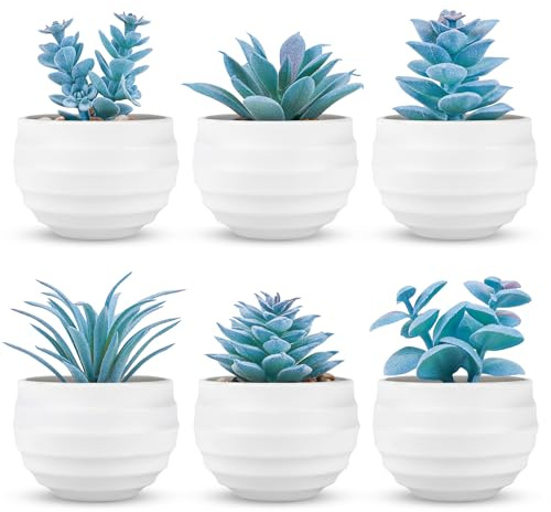 Der Rose 6 Pack Blue Fake Succulents Small Plants for Blue Room Decor | Blue mini faux succulents, white pots, assorted shapes, bathroom bedroom desk blue decor,no watering,pet-friendly