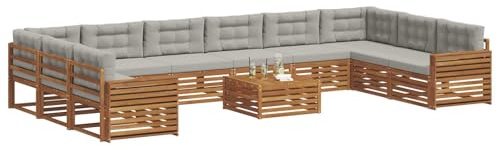 vidaXL Sofagarnituren 11 pcs Natürlich und Hellgrau Massivholz Akazie, Garten-Sofa, Robustes Outdoor-Sofa für die Terrasse, lässige Lounge, bequemes Wohngefühl