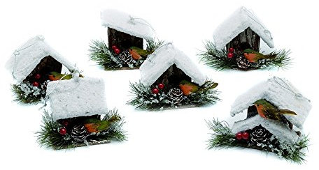 Festive Christmas Set of 6 Robin & Bird House Tree Decorations