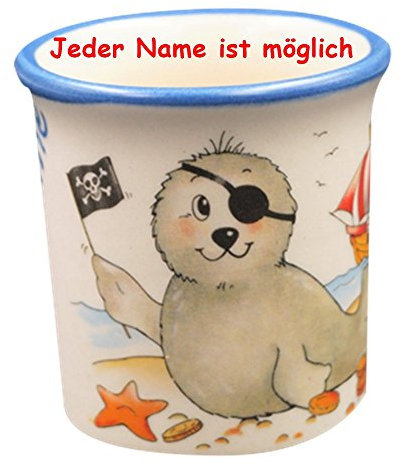 Carstens Keramik Eierbecher mit Name, Seehund als Pirat mit Augenklappe. * Jeder Name ist möglich * ca 5 cm hoch
