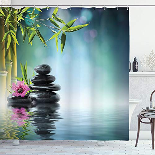 ABAKUHAUS Spa Duschvorhang, Hibiscus Bambus auf dem Wasser, Stoffliches Gewebe Badezimmerdekorationsset mit Haken, 175 x 240 cm, Petrol Blue Lime Grün
