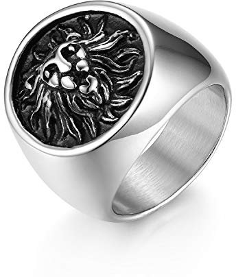 JewelryWe Schmuck Retro Herren-Ring Edelstahl Löwe Löwenkopf Biker Ring Siegelring Band Bandring mit Gravur Silber Größe 57