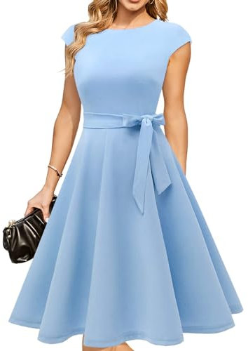 DRESSTELLS Robe Cocktail Mariage Vintage Robe Casual Femme Robe baptême col Rond Manches Courtes Blue L
