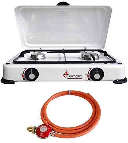 Portable Double Gas Stove 2 Burner Camping White Enamel Lid Outdoor LPG + Propane Regulator Set (Propane 37mbar Screw-on)