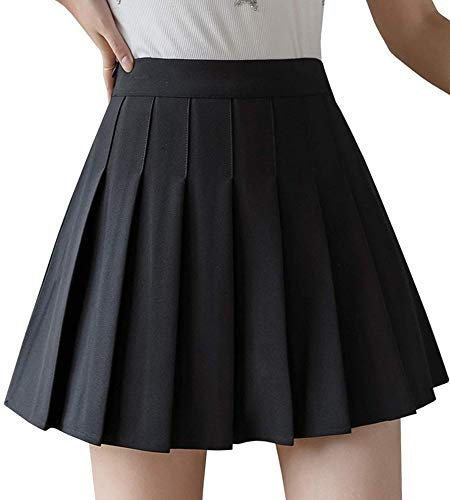 Springcmy Damen Mädchen hohe Taille A-Linie Plissee Skater Tennisrock Schule Minirock mit Futter Shorts, Schwarz , 48