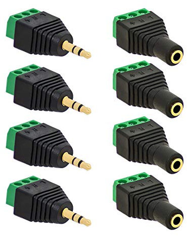 4x Klinken Stecker + 4x Buchsen 3,5mm Adapter > Terminalblock 3 Pin Schraub Klemme Set