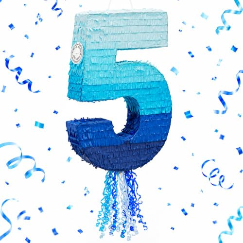 Piñata de cuerda número 5 para fiesta de 5º cumpleaños de niños, azul degradado (16,5 x 11,6 pulgadas)