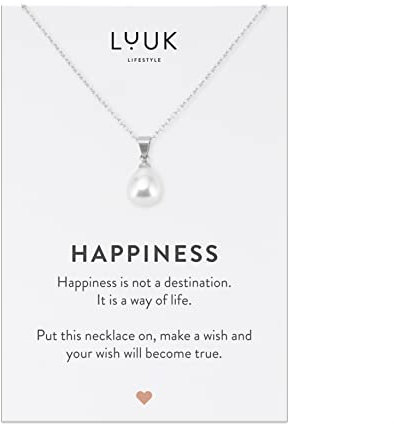 LUUK LIFESTYLE Collanina in filigrana con ciondolo perla e dedica HAPPINESS, in acciaio inox, idea regalo per donna, stile semplice e delicato, catenina dell'amicizia, argento