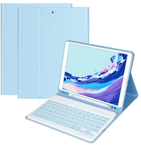 HOTLIFE Keyboard Case for iPad 10.2 Inch, Built-in Pen Holder and Detachable Bluetooth Keyboard (Light Blue)