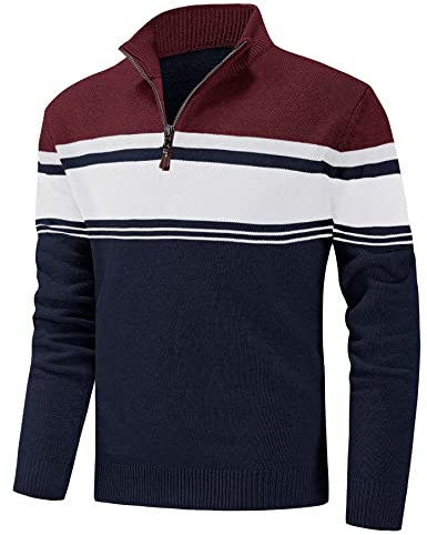 KEFITEVD Winter Jumpers for Men 1/4 Zip Pullovers Winter Warm Knitted Sweater Comfortable Soft Striped Jumper Navy Wine Red XL