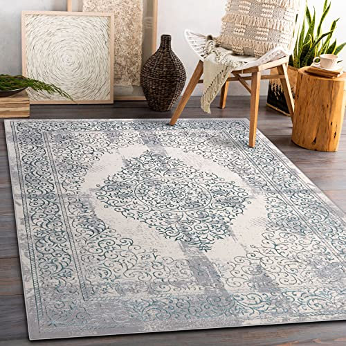 rugsx Teppich CORE Vintage Rosette - Strukturell, Zwei Ebenen aus Vlies, hellblau/Creme/grau 160x220 cm