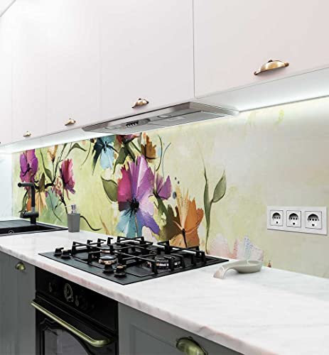 MyMaxxi Küchenrückwand Folie selbstklebend matt - einfache Montage ohne Bohren - Motiv Bunt blühende Blumenranke grün 60cm hoch - Spritzschutz Küche Klebefolie 280 x 60cm