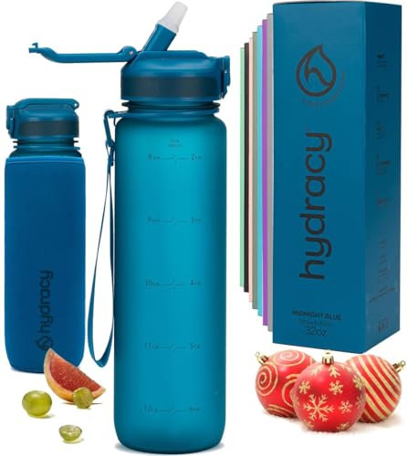 Hydracy Trinkflasche mit Strohhalm und Zeitmarkierung - 1L Wasserflasche - BPA-freie Trinkflasche - Auslaufsichere Sportflasche - Kondensationsfrei für Sport und Outdoor