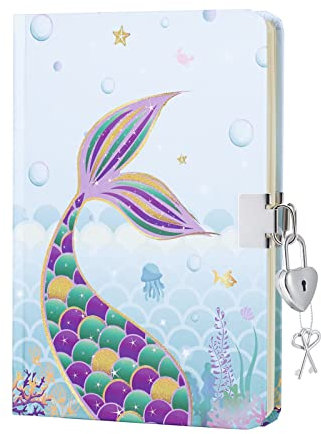 WERNNSAI Mermaid Journal for Girls - Glitter Diary Gift for Kids Blue School Travel Private Notebook Hardcover A5 Lined Memos Writing Drawing Notepad with Lock and Keys