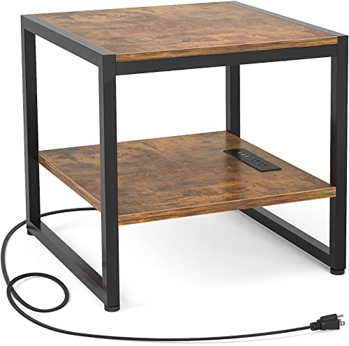 Homieasy End Table with Charging Station, 20 Inch Mini Fridge Stand with 2-Tier Open Shelf, Square Bedside Nightstand & Sofa Side Table for Living Room, Dorm, Office,Rustic Brown