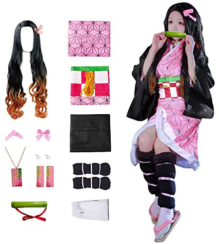 JYakeji 10 Stück Nezuko Cosplay Kostüm Kimono für Kinder Erwachsene Japanisches Anime Kostüm Halloween Kimono Outfit mit Perücke (XXL)