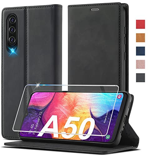 Handyhülle für Samsung Galaxy A50 Hülle Leder [Mit Schutzfolie] für Samsung Galaxy A50/ A30s Hülle Klappbar Leder Flip Wallet Stoßfeste Case Schutzhülle Klapphülle für Samsung Galaxy A50/ A30s/ A50s