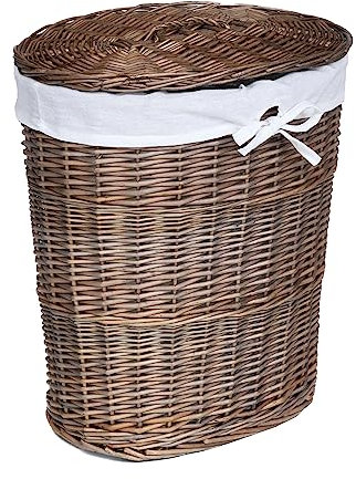 Arthur Cameron Deluxe Oval Wicker Laundry Basket Wash Bin with Lid (Large, Antique Wash)