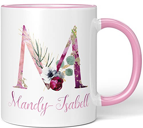 JUNIWORDS Tasse, Mandy-Isabell, Name Anfangsbuchstabe Initial Alphabet Floral Buchstabe M Monogramm Motiv, Rosa (5524842)