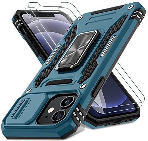 DEERLAMN for iPhone 12 Case,iPhone 12 Pro Case with Slide Camera Cover+Screen Protector(2 Packs),Rotated Ring Kickstand Military Grade Shockproof Protective Cover-Light Blue