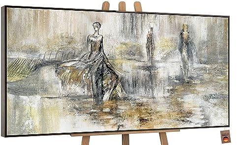 YS-Art Abstrakt Acryl Gemälde auf Leinwand handgemalt Modenschau Wandbilder Wohnzimmer moderne grau beige braun Retro Wohndekor Bilder echte Kunst mit Rahmen 140x70 cm