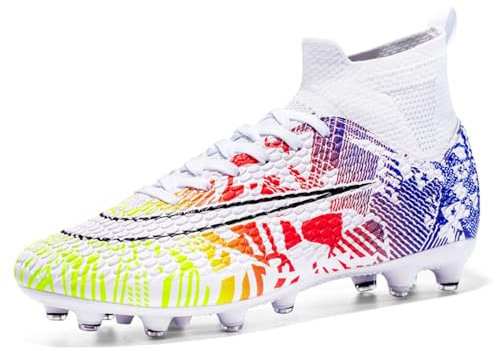 VTASQ Scarpe da Calcio Uomo Erba Tacchetti Teenager Adulto Training Alte Scarpe da Calcetto Spike Professionale Scarpe da Allenamento Unisex Bianco 38EU