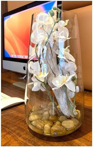 SMArtDecor Ltd - Decorative Artificial Orchid Flowers, Handcrafted Vase 16x16x29cm Set in Faux Water (White)